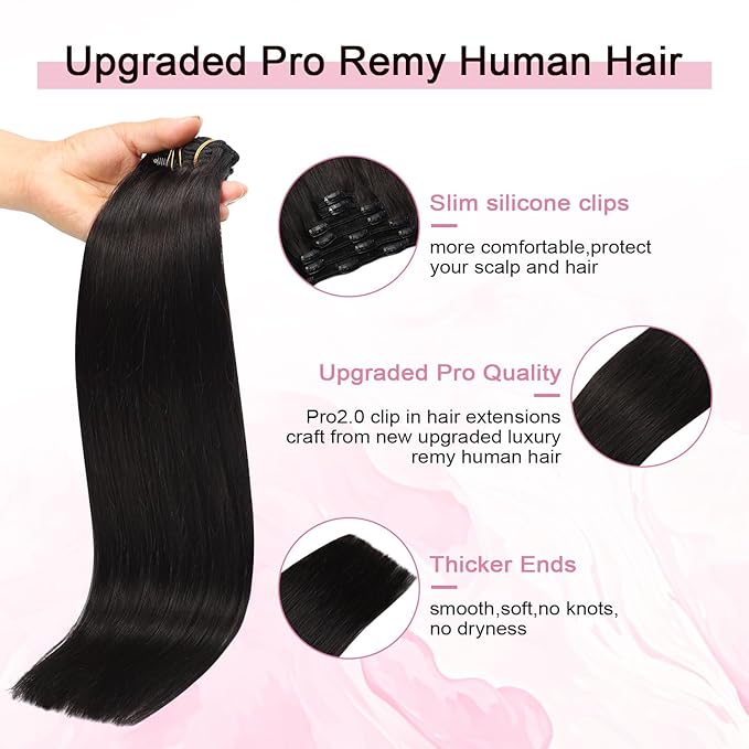 Pro2.0 Remy Clip in Extensions Real Human Hair Color #1B Natural Black Remy Clip in Hair Extensions Real Human Hair 18inch 120g Thick 7pcs Seamless Double Weft for Women（#1B-18inch）