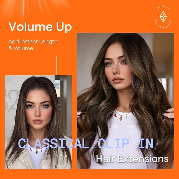 Full Shine Hair Extensions Clip in Human Hair 18 Inch Balayage Brown Ombre Clip in Hair Extensions Remy Human Hair Straight 7 Pcs 120 G