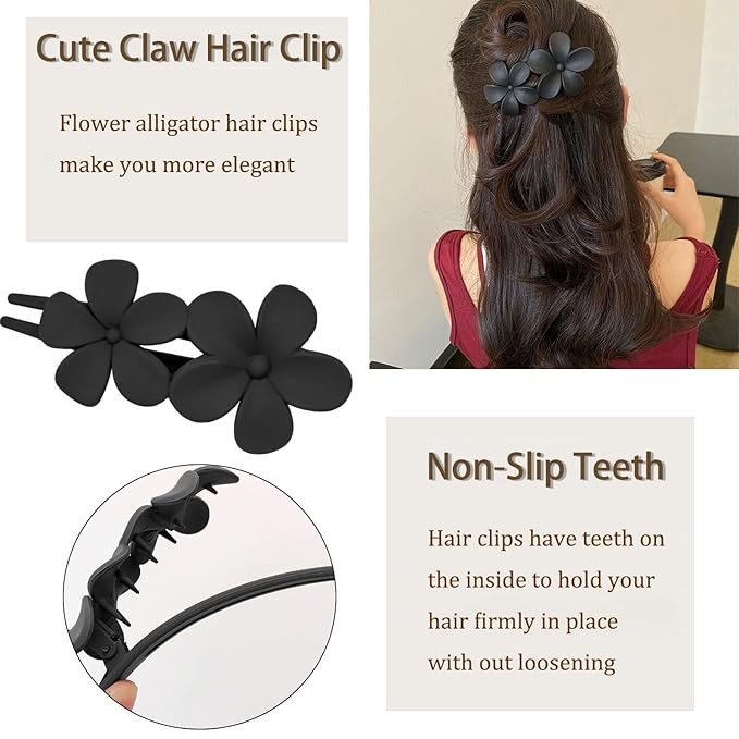 Flower Hair Clips for Women - French Flat Hair Claw, Matte Clips, Non-Slip Cute Duck Billed Claw for Thick Hair, Girls (Black, White)