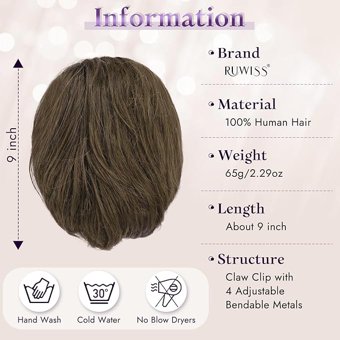RUWISS Claw Clip Short Human Hair Ponytail Extension with Bendable Metals for DIY Styles, Straight Messy Bun Hair Piece for Women Thick Hairpieces for Daily Wear, 9 Inch Brown