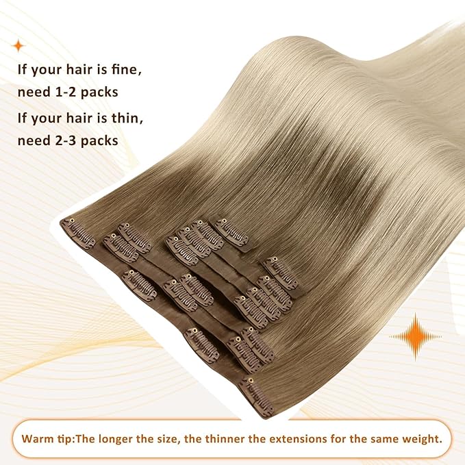 Full Shine Ombre Seamless Clip in Hair Extensions Ash Brown Ombre Platinum Blonde for Women Invisible Remy Hair Extension Clip ins 16 Inch 120 Grams 8 PCS