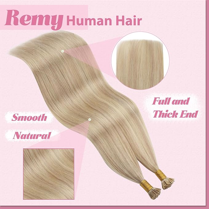 YoungSee I Tip Extensions Blonde Itip Hair Extension Real Human Hair Ash Blonde Highlight Bleach Blond Itip Hair Extension 16 Inch 60s 50g I-Tips Human Hair for Women