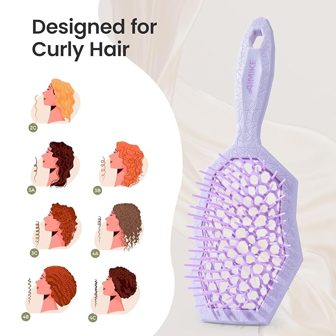 AIMIKE Glacier Detangling Brush, Pain-Free Detangler Brush for Curly Hair Wet & Dry Use, Glide Through Tangles with Ease, Vented Hairbrush for Women's 2c to 4c Curls, Purple