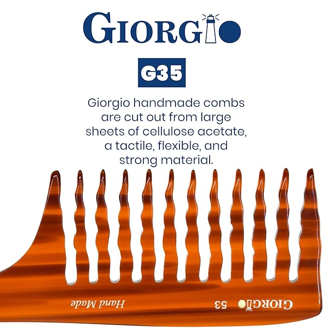 Giorgio G53 Wide Tooth Comb for Curly and Thick Hair, Large Handmade Rake Comb for Wet and Dry Use, Saw-Cut and Hand Polished (8")