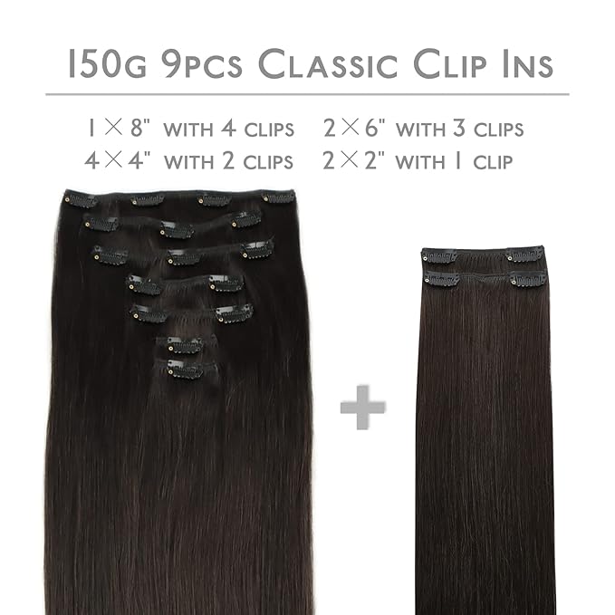 WENNALIFE Clip in Hair Extensions, 150g 16 Inch 9pcs Dark Brown Remy Hair Thicker Double Weft Extensiones De Cabello Humano Con Clip Ins Straight Full Volume