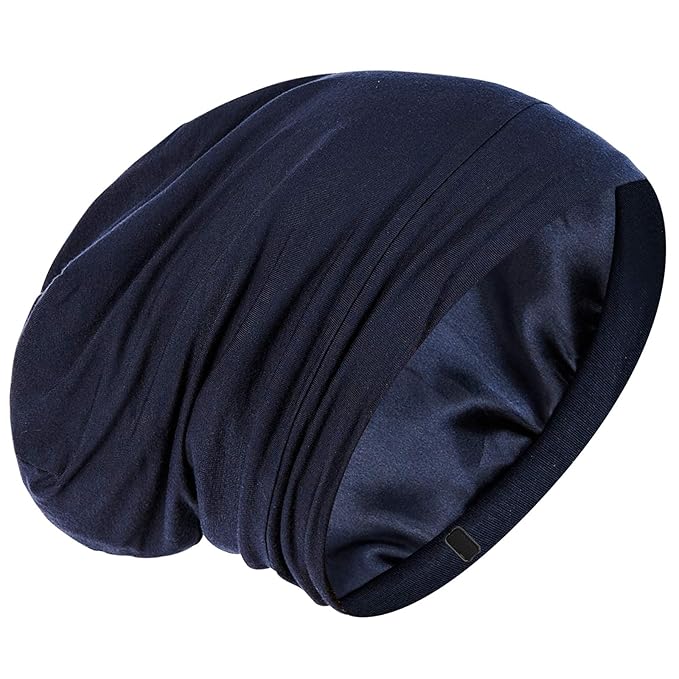 Silk Satin Lined Bonnet Sleep Cap - Adjustable Stay on All Night Hair Wrap Cover Slouchy Beanie for Curly Hair Protection for Women and Men - Solid Navy