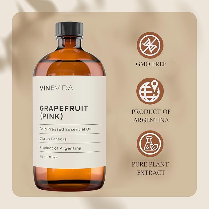 VINEVIDA Grapefruit (Pink) Essential Oil 16 oz - Undiluted Grapefruit (Pink) Oil 16 oz - Grapefruit (Pink) Candle Oil Scent - DIY Candle Scents for Candlemaking - Bulk Essential Oil for Soap Making