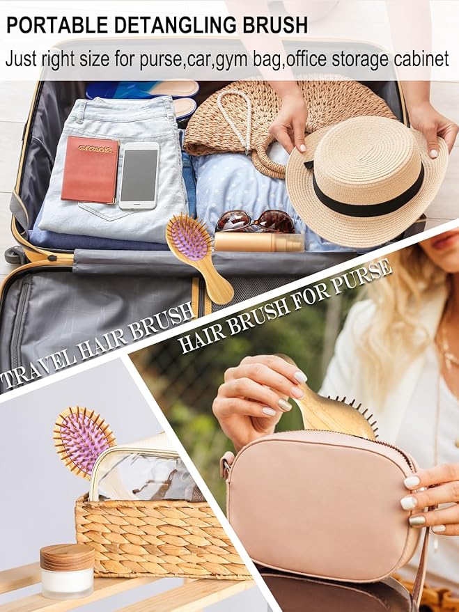 Mini Hair Brush, Sofmild Bamboo Detangling Travel Hair Brush for Women Girls Kids Wet Dry Curly All Hair Types, Mini Small Detangler Brush for Purse, Car, Travel Bag Essentials