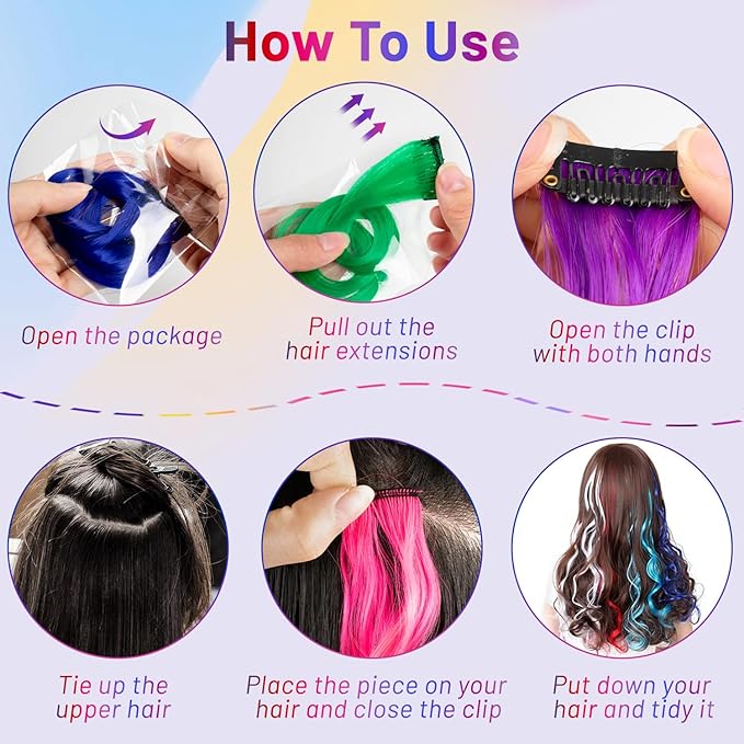 Colored Hair Extensions Curly Wavy Accessories for Girls Women,Multi-colors Party Highlights Clip in Synthetic Rainbow Hairpiece for Kids Christmas Favors Gift(22 PCS Colorful)