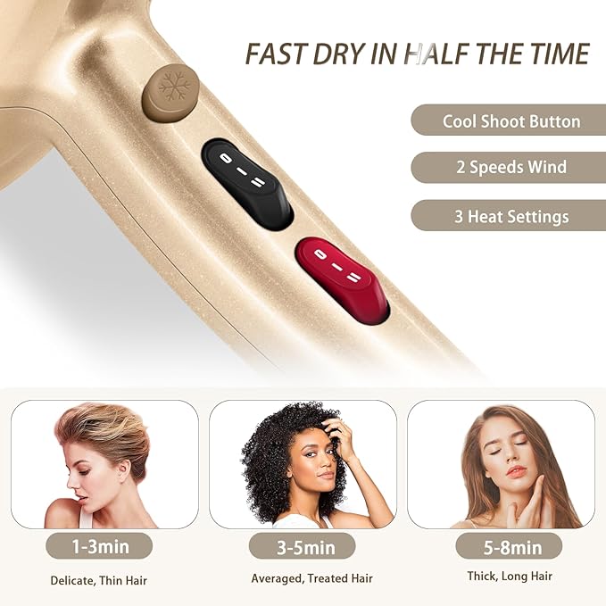 Ionic Hair Dryer,2400W Negative Ion Low Noise Hair Dryer Professional Fast Drying Hair Dryers with 2 Speeds, 3 Heat Settings, Cooling Button,with Diffuser for Curly and Straight Hair（Champagne Gold）