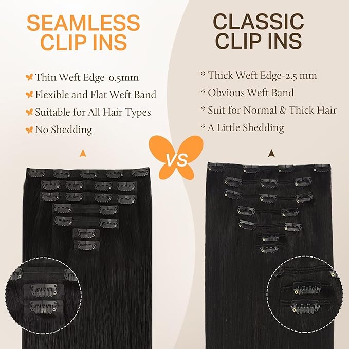 DOORES Seamless Clip-in Human Hair Extensions, Natural Black 7pcs 24 Inch 120g, Thick Hair Extensions Straight Invisi Edge
