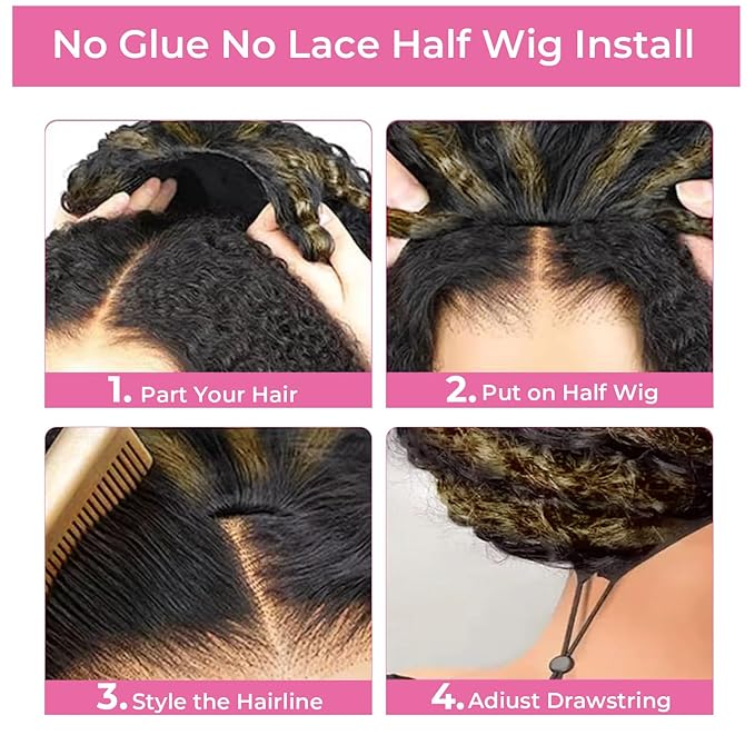 250% Density Curly Half Wig Human Hair Ombre Kinky Curly Wear Go Glueless Wigs Human Hair Balayage Highlight 3 In 1 Half Wig With Adjustable String Flip Over Beginner Friendly Invisible Hairline