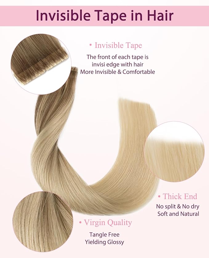 Pinkpearl Invisible Tape in Hair Extensions Human Hair, 20pcs 22inch 60g #8T60 Balayage Ash Brown to Platinum Blonde Injection Tape in Extensions Real Remy Seamless Human Hair Injected