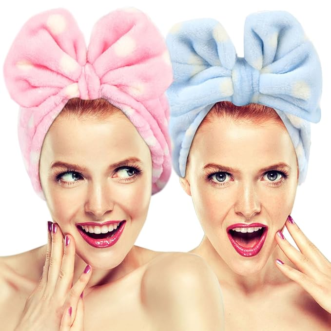 Hairizone Cute Makeup Headbands for Face Wash Shower Spa Elastic Head Band with Soft Big Bow Hair Band for Women Wrap (Pink/Blue)