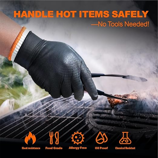 BBQ Gloves for Grilling Disposable Heat Resistant - 100 Nitrile Gloves + 4 Reusable Cotton Liners for Barbecue Smoker, Cooking Hot Meat - 10Mil Thick, Non-Slip Grip - Black Large