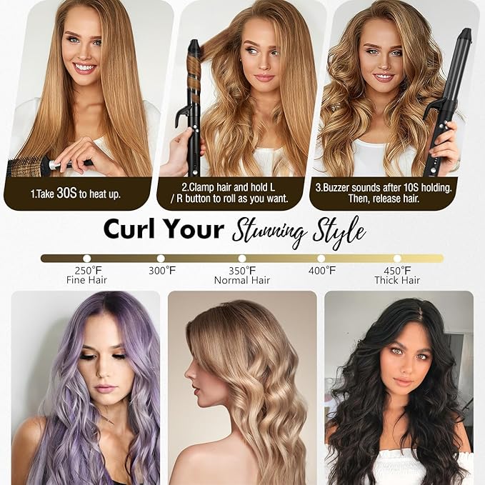 Luxspire Rotating Curling Iron, 1 1/4 inch Automatic Curling Iron Instant Heat Ionic Curling Wand with Long Titanium Barrel for Long Hair, Professional Self Curling Wand Hair Curler, Black