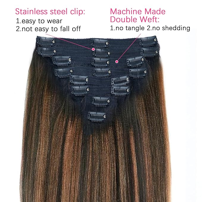 Yaki Straight Clip ins Real Human Hair Extensions For Women Highlight Hair Extensions Yaki Straight Clip in Hair Extensions(26inch,T1BP1B/30)