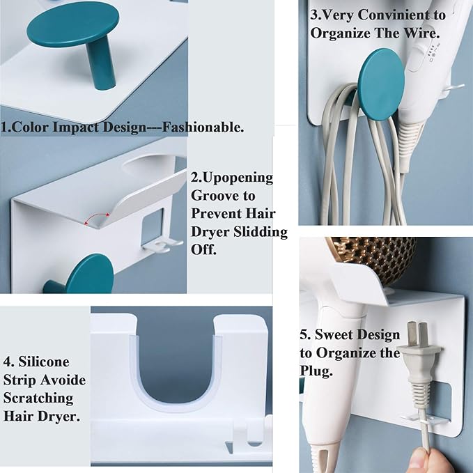 Hair Dryer Stand Holder Wall Mounted, New Upgrade Punching Or Nails-Free Glue Two Ways Blow Dryer Holder Rack Organizer for Dyson Supersonic Hair Dryer(White+Blue)