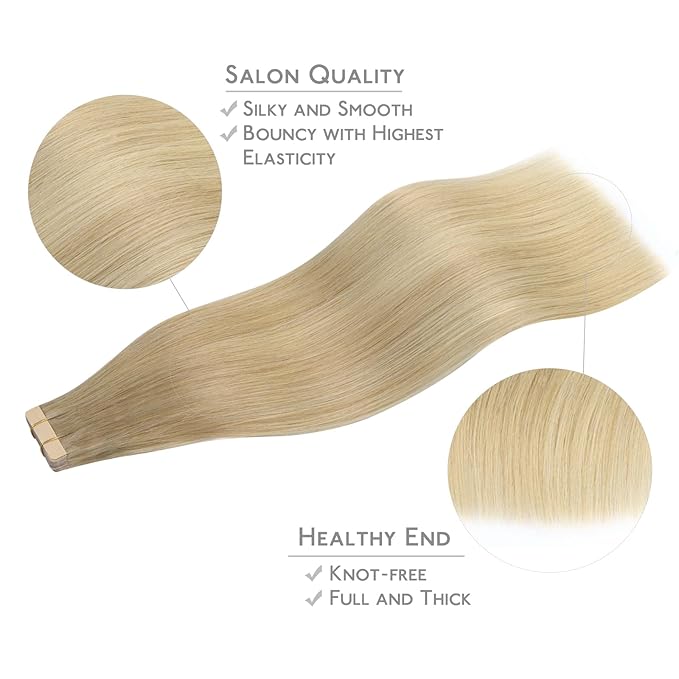 WENNALIFE Tape in Hair Extensions Human Hair, 20pcs 50g 12 inch Balayage Dirty Blonde to White Blonde Remy Hair Extensions for Women Tape Ins Straight Extensiones De Cabello Humano Skin Weft