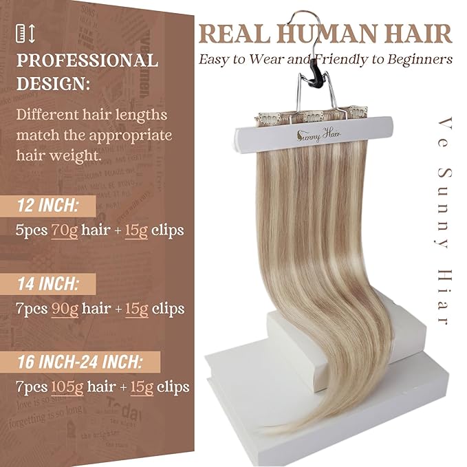 Ve Sunny Clip in Hair Extensions Real Human Hair Highlights Human Hair Clip in Extensions Dark Ash Blonde Highlights Light Blonde Real Hair Extensions Clip in Human Hair Comfortable 7pcs 20inch 120g