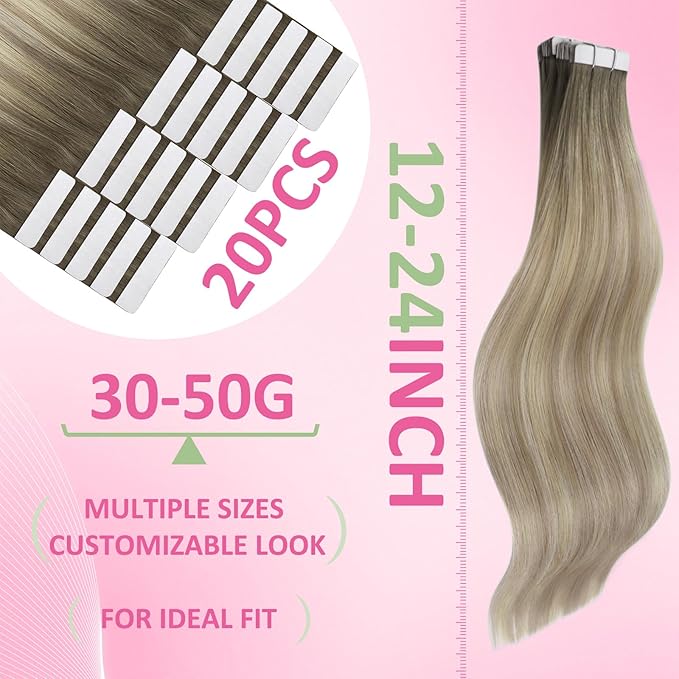 YoungSee Tape in Hair Extensions Human Hair Balayage Blonde Tape in Hair Extensions Ash Blonde with Platinum Blond Tape-in Human Hair Extension Ombre Tap ins Extension 20In 50g 20pcs for Wedding