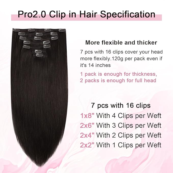Pro2.0 Remy Real Human Hair Extensions Clip ins 120g Thick 7pcs Color #2 Dark Brown Remy Clip in Hair Extensions Real Human Hair 16inch Seamless Double Weft for Women（#2-16inch）