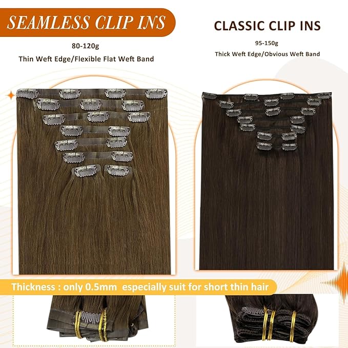 Full Shine Human Hair Clip in Extensions Brown 22 Inch Seamless Clip in Hair Extensions Human Hair Remy Medium Brown for Long Hair Thick Ends 8 PCS 120 Grams