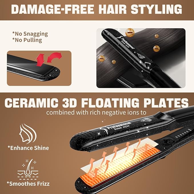 DORISILK 2.0 Upgraded Steam Straighteners for Hair, Professional Salon Ceramic Tourmaline Vapor Steam Flat Iron Hair Straightener and Curler 2 in 1 Straightening Curling Iron, Dual Voltage LED Temp