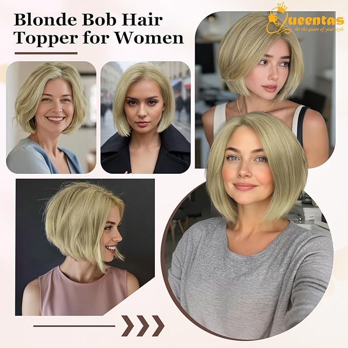 QUEENTAS Blonde Hair Topper for Women with Thinning Hair Pieces 6"*6"Large Coverage 360°3D Cover Silver Synthetic Short Bob with 5 Clips in Wiglets(Blonde Mixed Brown)