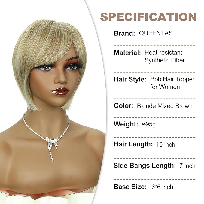 QUEENTAS Blonde Hair Topper for Women with Thinning Hair Pieces 6"*6"Large Coverage 360°3D Cover Silver Synthetic Short Bob with 5 Clips in Wiglets(Blonde Mixed Brown)