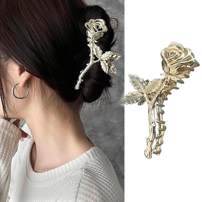 Rose Metal Flower Hair Clips, 1Pcs 4.52Inch Elegant Non-Slip Hair Accessory for Thin Thick Hair for Women & Girls (Gold Rose)