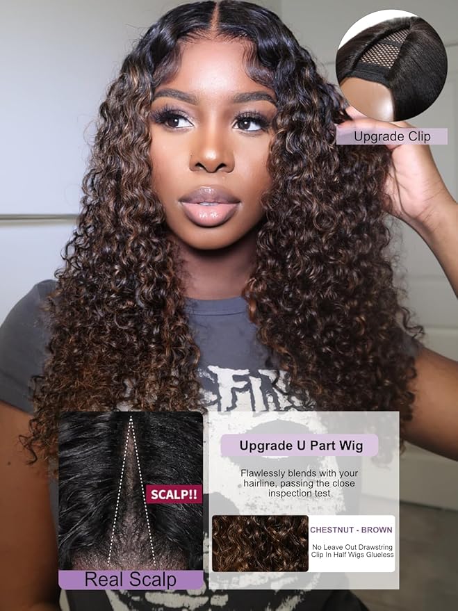 YIROO EasiContour V Part Ombre Brown Human Hair Wig Curly 12A Glueless Upgrade U Part Wig Ombre Black to Chestnut Brown No Leave Out V Shape Clip Wigs Ready to Go 150% Density Beginner Friendly 22Inch