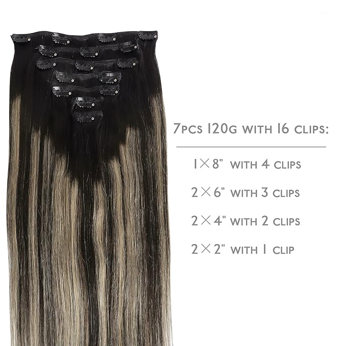 WENNALIFE Clip in Human Hair Extensions, 18 Inch 120g 7pcs Balayage Natural Black to Light Blonde Hair Extensions Remy Real Human Hair Double Weft