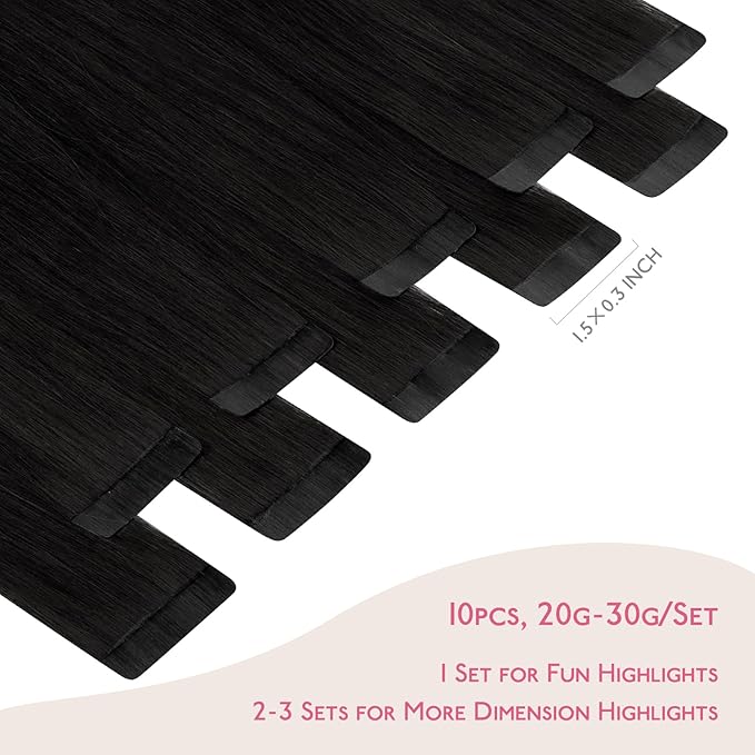 WENNALIFE Tape in Hair Extensions Human Hair Jet Black Tape in Extensions, 10pcs 25g 16 inch Remy Invisible Tape Ins Straight Colored Soft Real Human Hair Tape in Extensions Refill Set Extensions