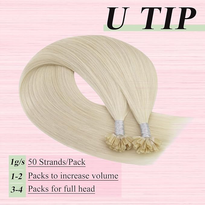 YoungSee U Tips Hair Extensions Human Hair Platinum Blonde Pre Bonded U Tip Blonde Hair Extensions Hot Fusion Real Hair Utip Extension Keratin Hair Extension Long Straight Add Length 22In 1G/S 50G