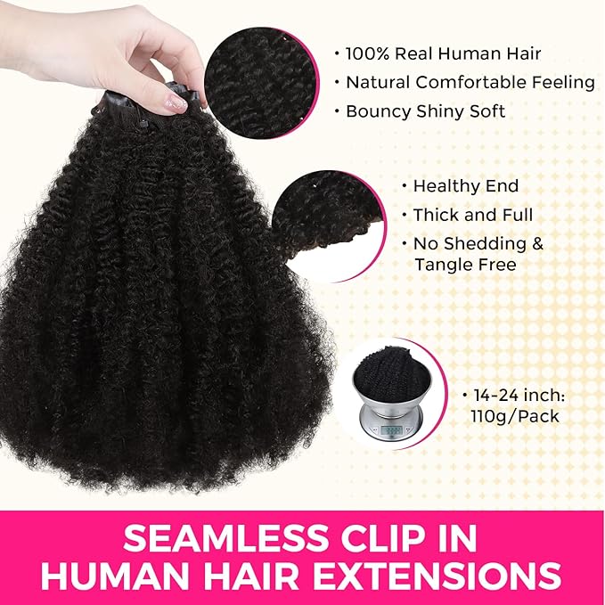 Lashey Seamless Clip in Hair Extensions Real Human Hair 16 Inch 110g 7pcs Afro Kinky Curly Human Hair Clip In Extensions 4C Natural Black Hair