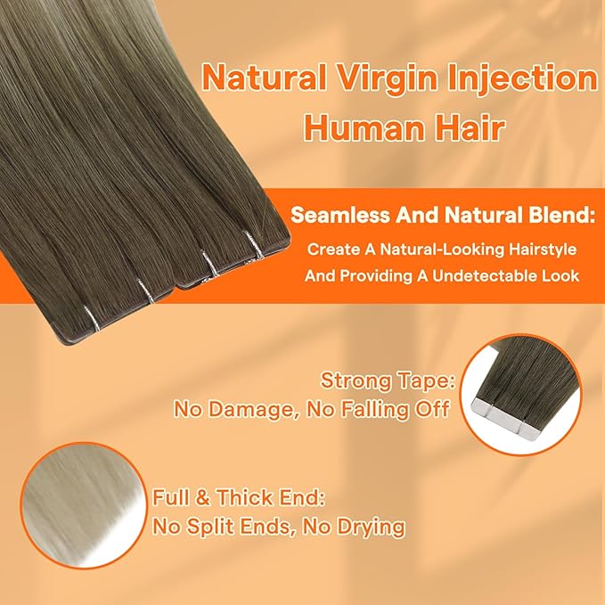 Full Shine Virgin Tape in Extensions Human Hair 18Inch Double Sided Tape in Hair Extensions Blonde and Brown Balayage Invisible Injection Hair Extensions Machine Remy Tape Hair 25Gram 10Pcs