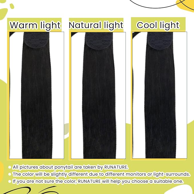 RUNATURE Human Hair Ponytail Black, Ponytail Extension Real Human Hair, Remy Ponytail Extension With Magic Paste, Soft Straight Hair Tangle Free, 16 Inch 80g #1B Off Black