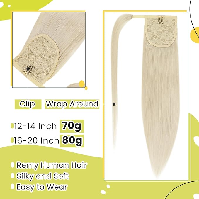 RUNATURE Ponytail Extension Human Hair, Real Hair Ponytail Extension with Magic Paste, Straight Blonde Hair, Tangle Free for Daily Wearing, 14 Inch 70g #800 Platinum Blonde