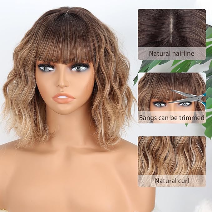 MISSQUEEN Brown Mixed Blonde Wavy Wig 12inch Bob Brown Blonde Wavy Wig with Bangs Natural Synthetic Wavy Curly Highlight Blond Wigs for Halloween Daily Party Festival Used