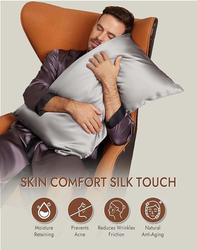 SilkSilky 100% Mulberry Silk Pillowcase - Pure 22 Momme High-Grade 6A Fibers for Hair & Skin, Envelope Closure, Natural, Organic, Breathable & Cooling Pillow Case (Queen, Silver)