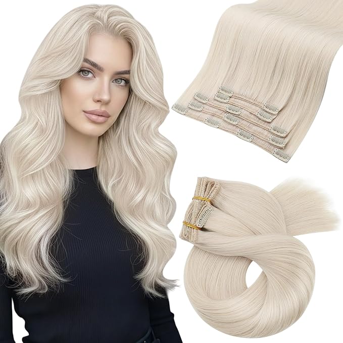 Moresoo White Blonde Clip in Real Hair Extensions Long Human Hair Clip in Extensions Blonde 20 inch Double Weft for Women Remy Human Hair Straight 80g/5pcs