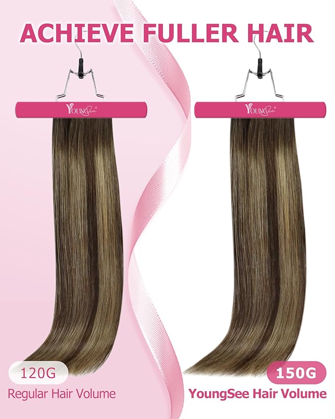 YoungSee Clip in Human Hair Extensions Balayage Brown Hair Clip in Extensions Chocolate Brown Balayage Caramel Blonde Clip Hair Extension Real Human Hair Long Straight for Women 120G 7Pcs 24Inch