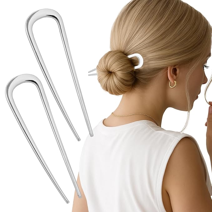 2PCS 4.2Inch French Hair Pins U-Shaped Pins for Women and Girls Fashion Metal Hair Pin French Twist Hair Pins for Buns, Updos,Stylish and Functional(set1-silver)