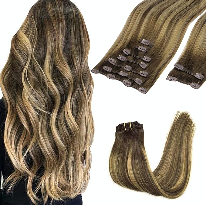 GOO GOO Clip in Hair Extensions Real Human Hair, Remy Human Hair Extensions Clip ins for Women, Natural Human Hair, 16inch 150g 9Pcs, 4/27/4 Balayage Chocolate Brown to Caramel Blonde