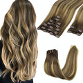 GOO GOO Clip in Hair Extensions Real Human Hair, Remy Human Hair Extensions Clip ins for Women, Natural Human Hair, 16inch 150g 9Pcs, 4/27/4 Balayage Chocolate Brown to Caramel Blonde