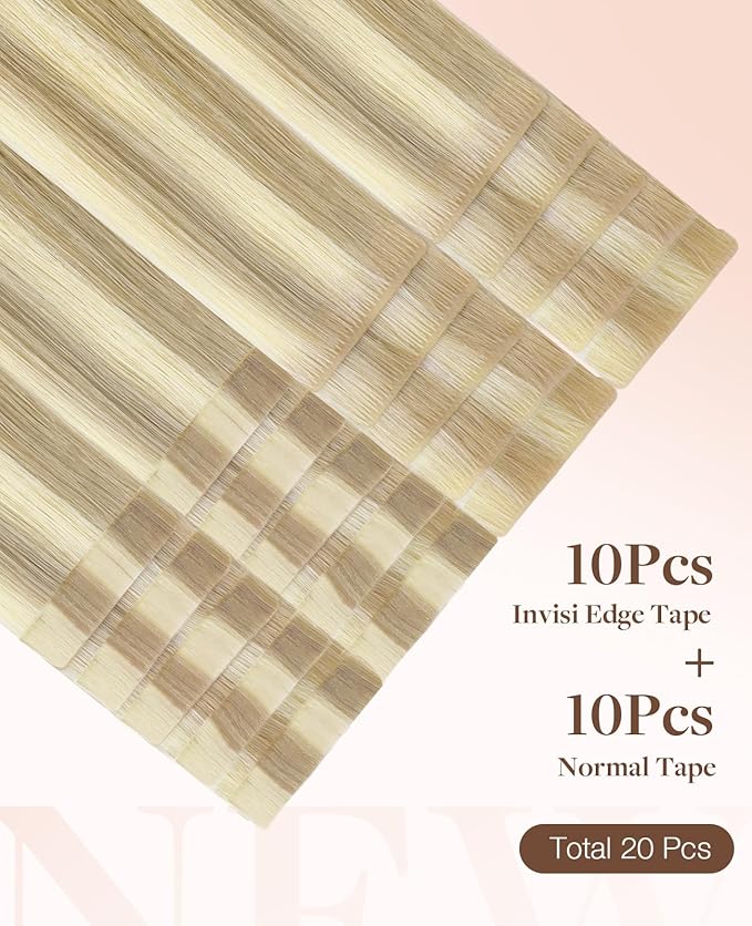 GOO GOO Invisi Edge Tape in Hair Extensions Human Hair, 18A/613A Dark Blonde Highlighted Bleach Blonde 10pcs injected with 10pcs classical tape ins, 20inch 50g, Virgin Remy Hair, Natural Look