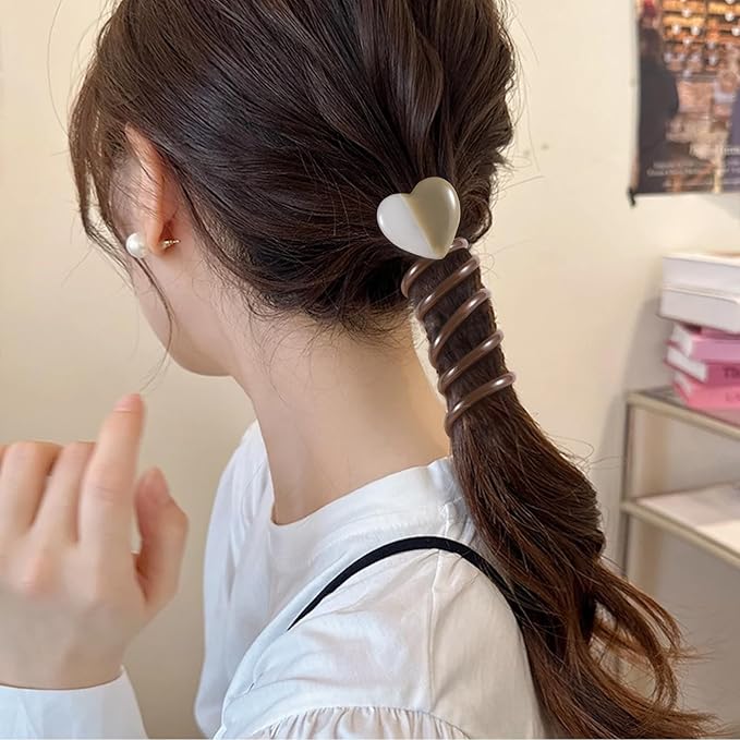 4PCS Heart Spiral Hair Ties, 4 Colors Heart Phone Cord Ponytail Holders for Women, Elegant Rubber Hair Coils, Stylish Hair Accessories for Party, Daily Use
