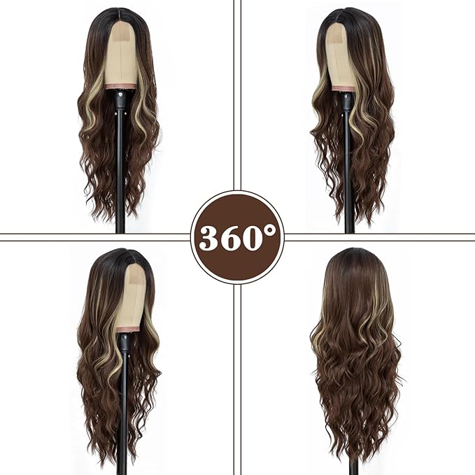 NAYOO Long Brown Mixed Blonde Wavy Wig for Women 26 Inch Middle Part Curly Wavy Wig Natural Looking Synthetic Heat Resistant Fiber for Daily Party Use (Brown Mixed Blonde)