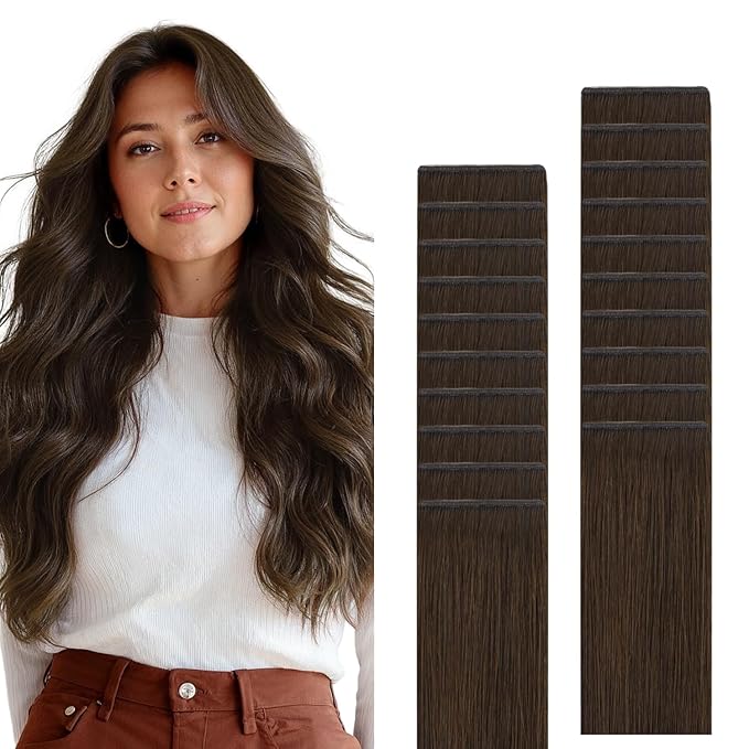 GOO GOO Genius Tape in Hair Extensions, Hand Tied Tape Weft, 4A Chocolate Brown, 20inch 50g 20pcs, Remy Human Hair, Seamless Invisible Tape, Natural Blend, Lightweight